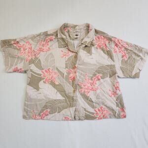 Tropical Crop Button Up Shirt Floral Hawaiian Retro Women XL